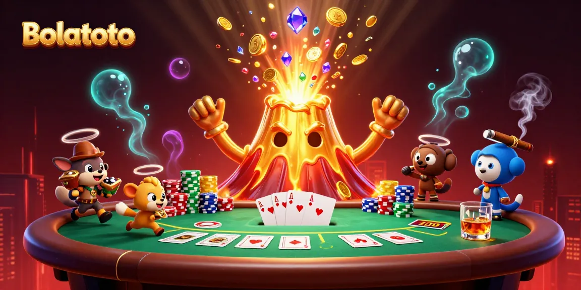 Witness a triumphant golden volcano showering treasure on Bolatoto players at a vibrant poker scene.