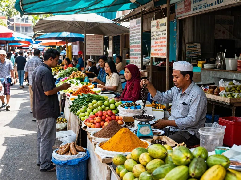Pasar lokal dengan pedagang menjual lada hitam pecah25 dan berbagai sayuran segar.