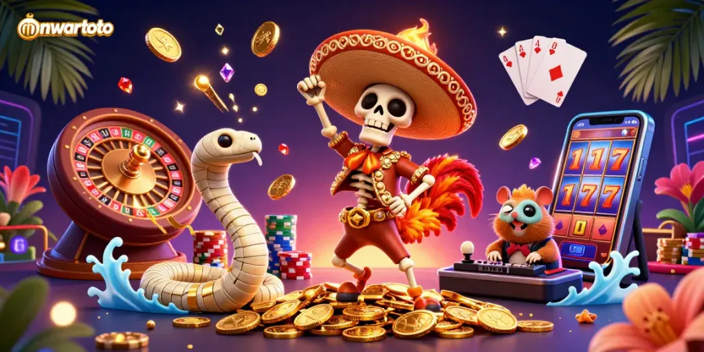Engage with the victory dance of the mawartoto-themed mariachi rooster amidst dazzling casino elements.