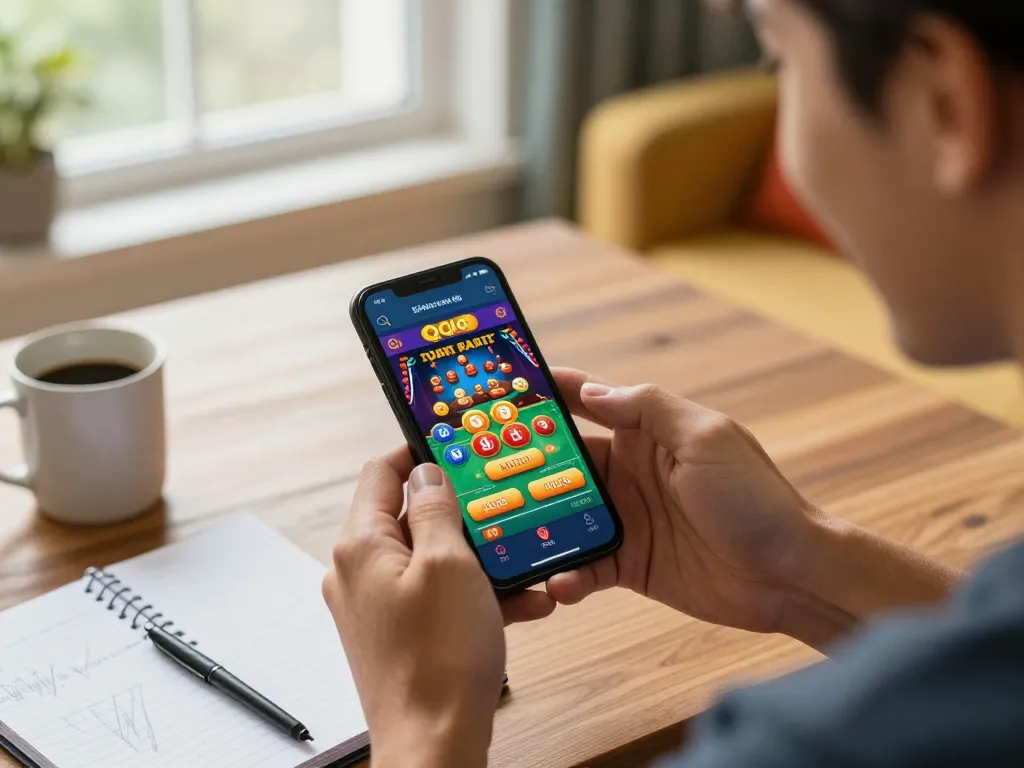 Engaging interaction with qqslot link app on smartphone in a cozy home setup.