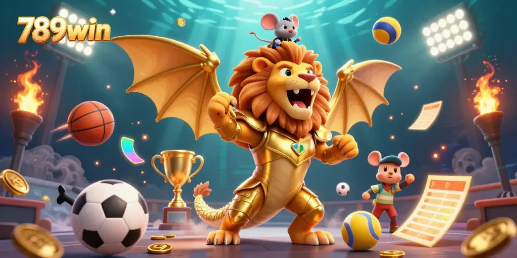 Engage in thrilling gameplay with the 789win platform featuring an extravagant 3D illustration of a gold-armored chimera, sports elements, and a dazzling underwater background.
