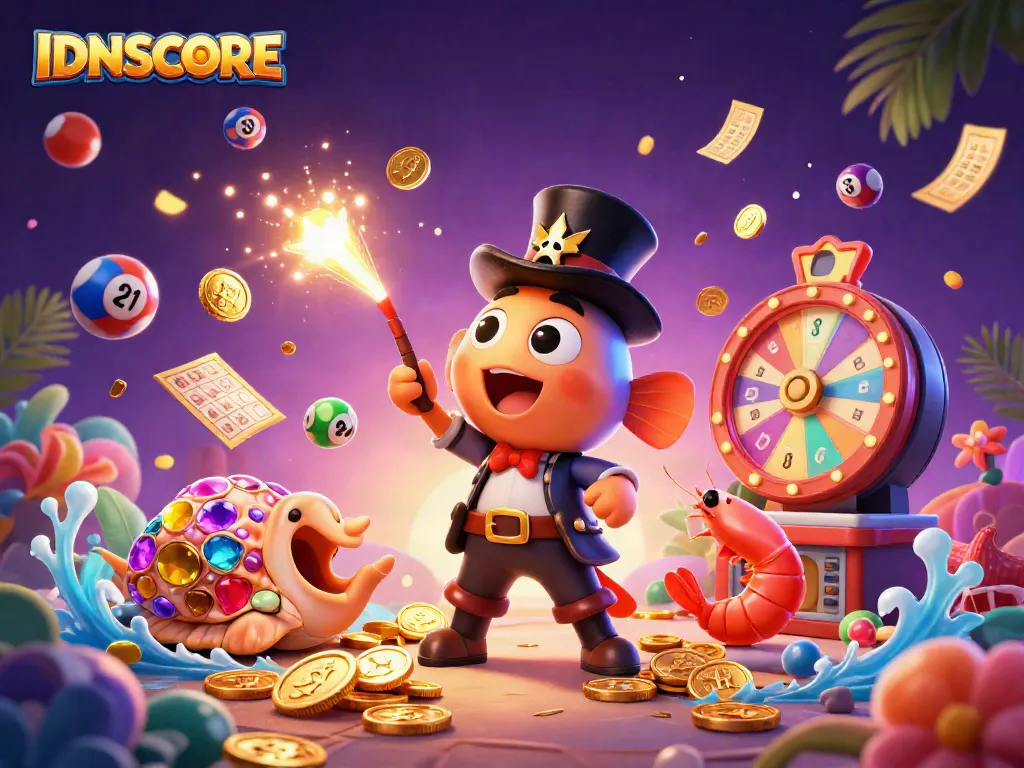 Experience the thrill of IDNSCORE with deep-sea characters and vibrant gaming elements.