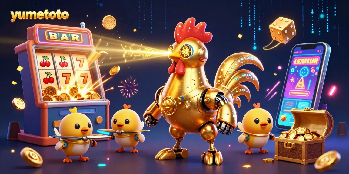 Engage with yumetoto's vibrant casino experience featuring golden robot characters and dynamic gaming elements.