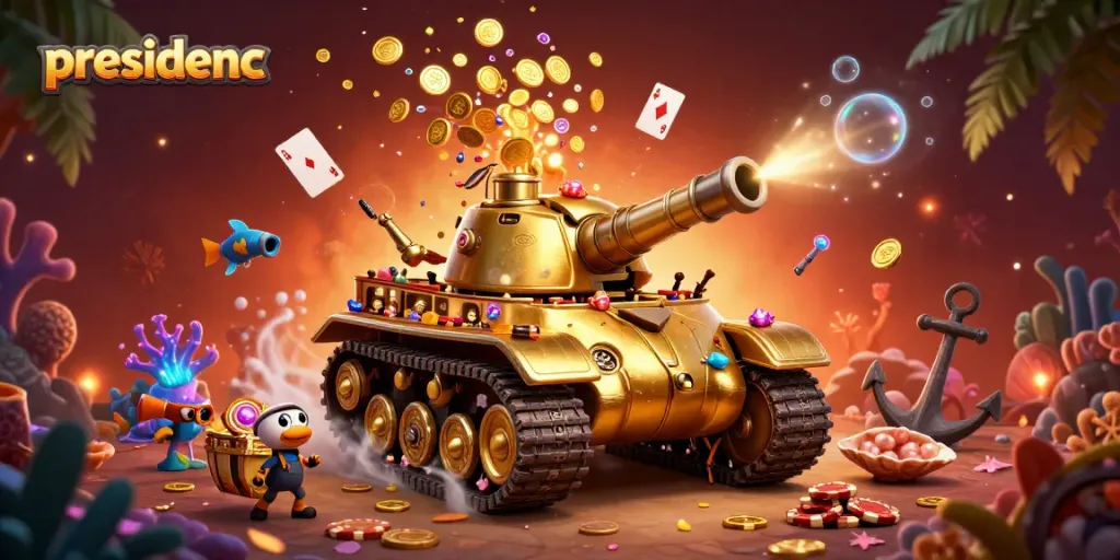 Experience wins with presidencc featuring a vibrant casino scene inside a golden beetle tank.