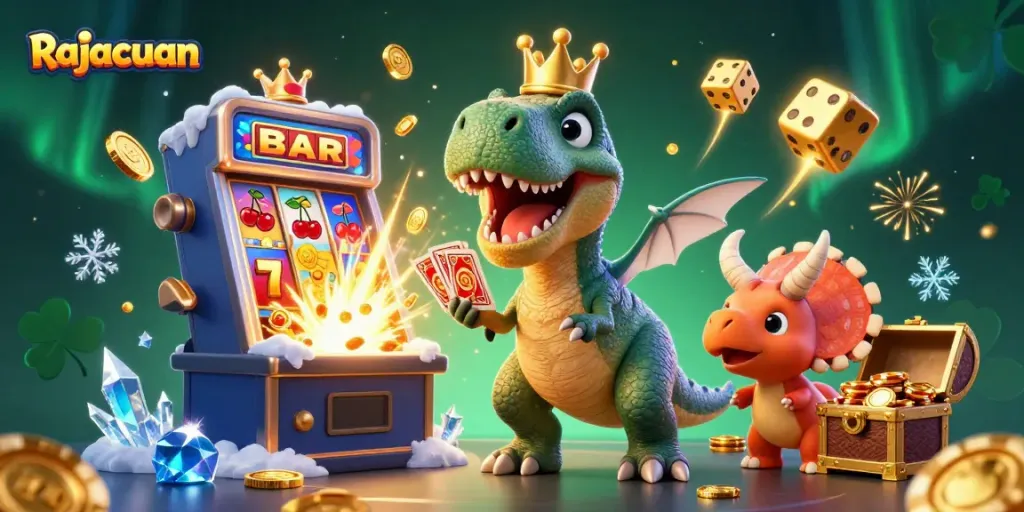 Rajacuan showcases a lively scene with friendly animated dinosaurs engaging in gambling actions amidst vibrant casino elements.