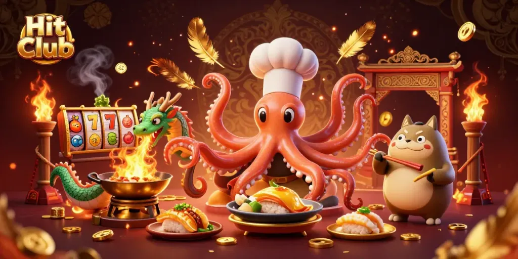 Engage in thrilling action at Hit Club with golden slot reels and fire-breathing dragon in a vibrant casino scene.