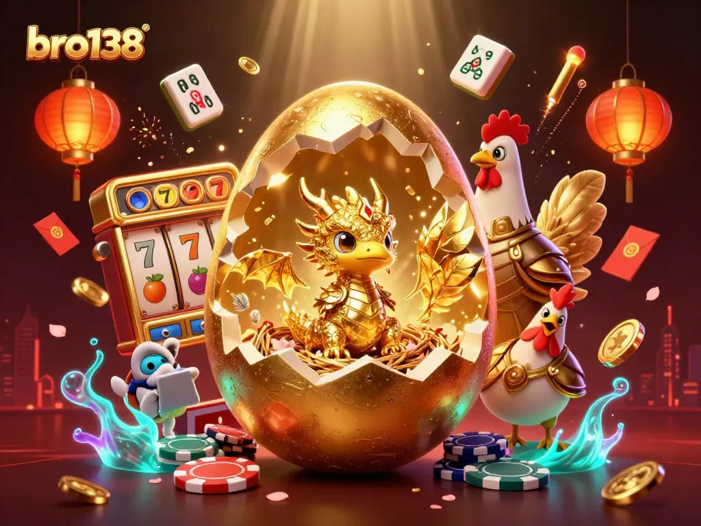 Engage with bro138 to win big at the slots with 3D visuals of golden dragons and poker chips.