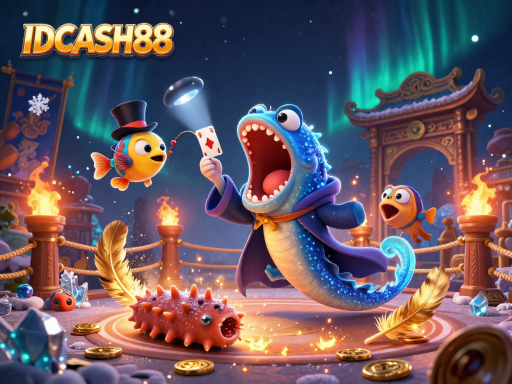 IDCASH88 showcases a magical underwater casino scene with an animated gulper eel performing card tricks.
