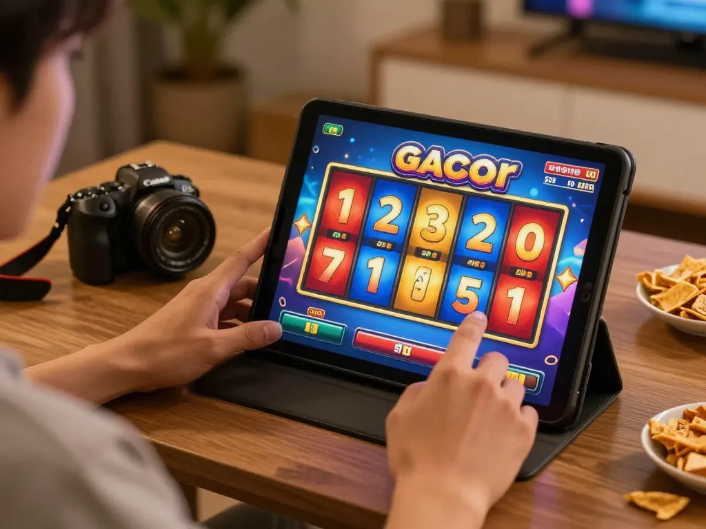 Engaged player utilizing tablet for slot gacor gampang menang experience at home