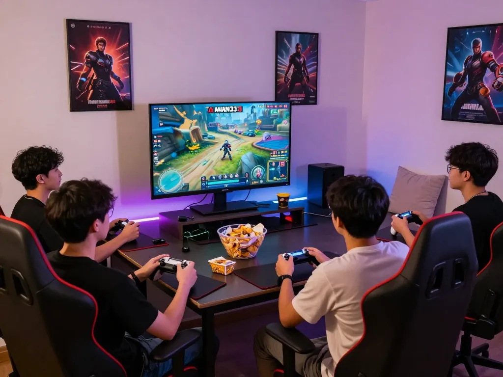 Exciting gaming scene featuring AMAN333, vibrant graphics, and group engagement.