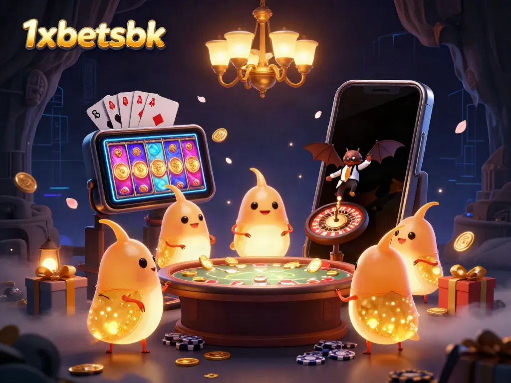 Experience thrilling gaming at 1xbetsbk with a vibrant 3D casino scene featuring glowworms and a bat dealer.
