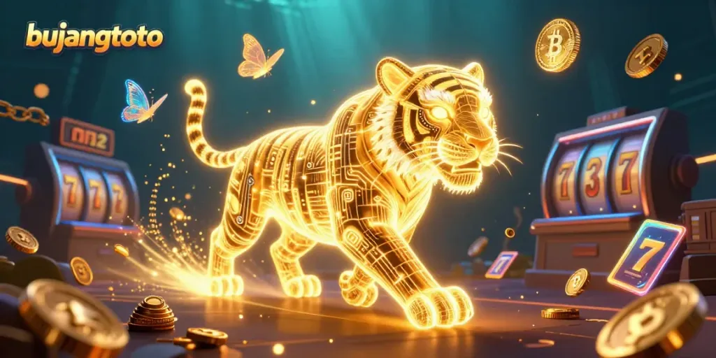 Experience exciting gameplay at bujangtoto with a neon tiger in a vibrant digital casino landscape.