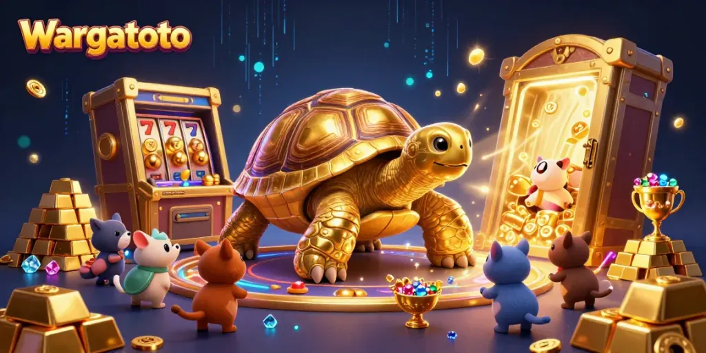 Wargatoto menghadirkan ilustrasi kartun 3D dengan kura-kura emas besar dan mesin pinball yang menyenangkan.