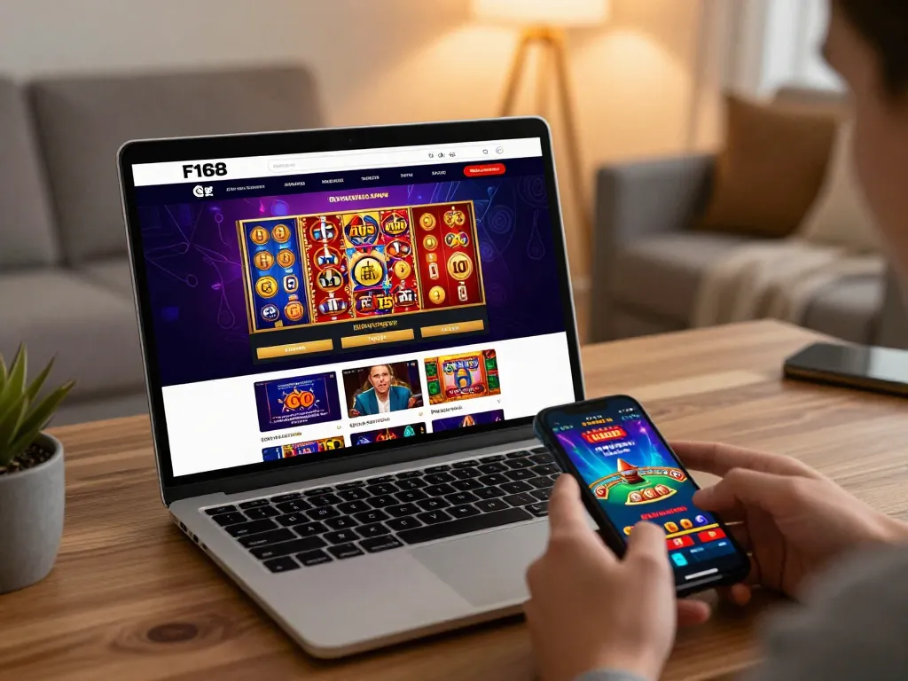 F168 player engaging with online casino platform, showcasing vibrant game graphics and inviting atmosphere.