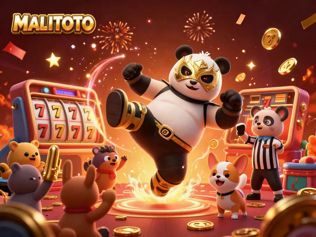 MALITOTO showcases an energetic scene with a panda wrestler kicking amid gold coins and slot reels, capturing the lively casino spirit.