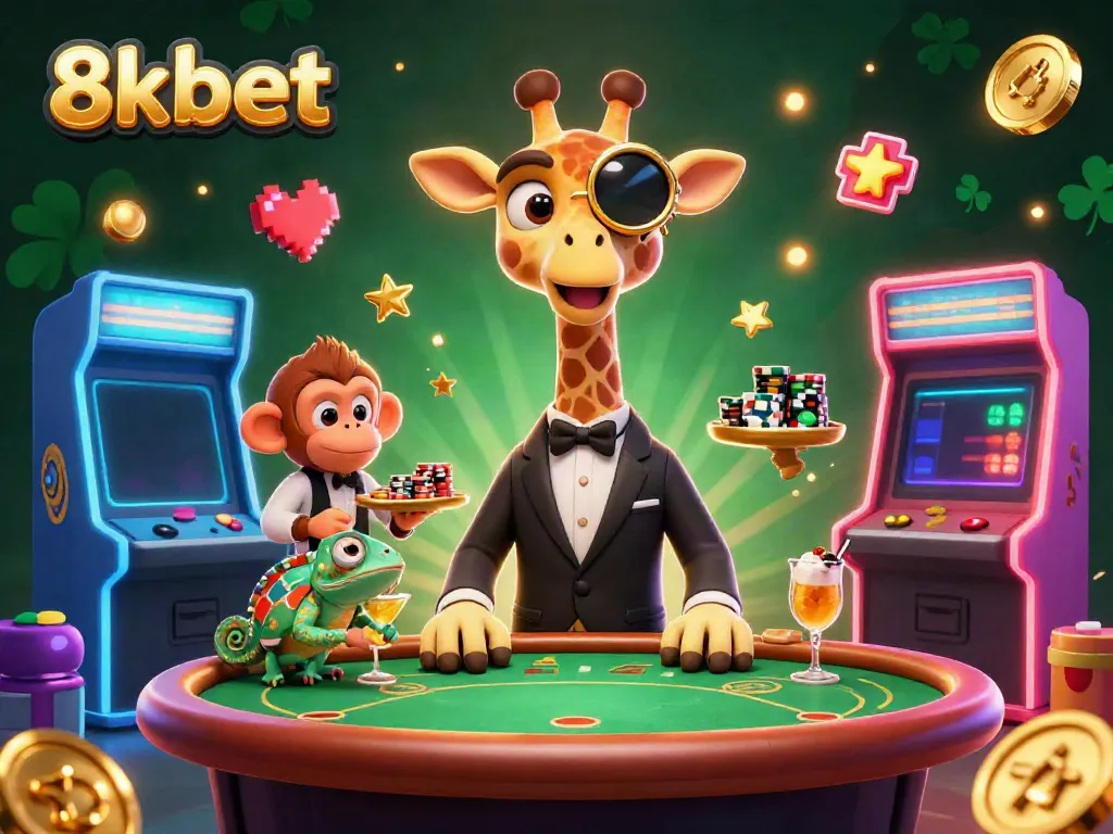 Play at 8xbet with a whimsical giraffe high-roller and vibrant casino elements.