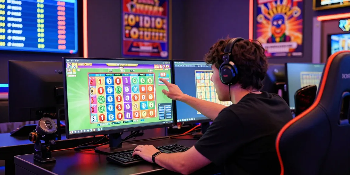 Petaruh excited bermain toto slot online dengan antusias di depan layar komputer