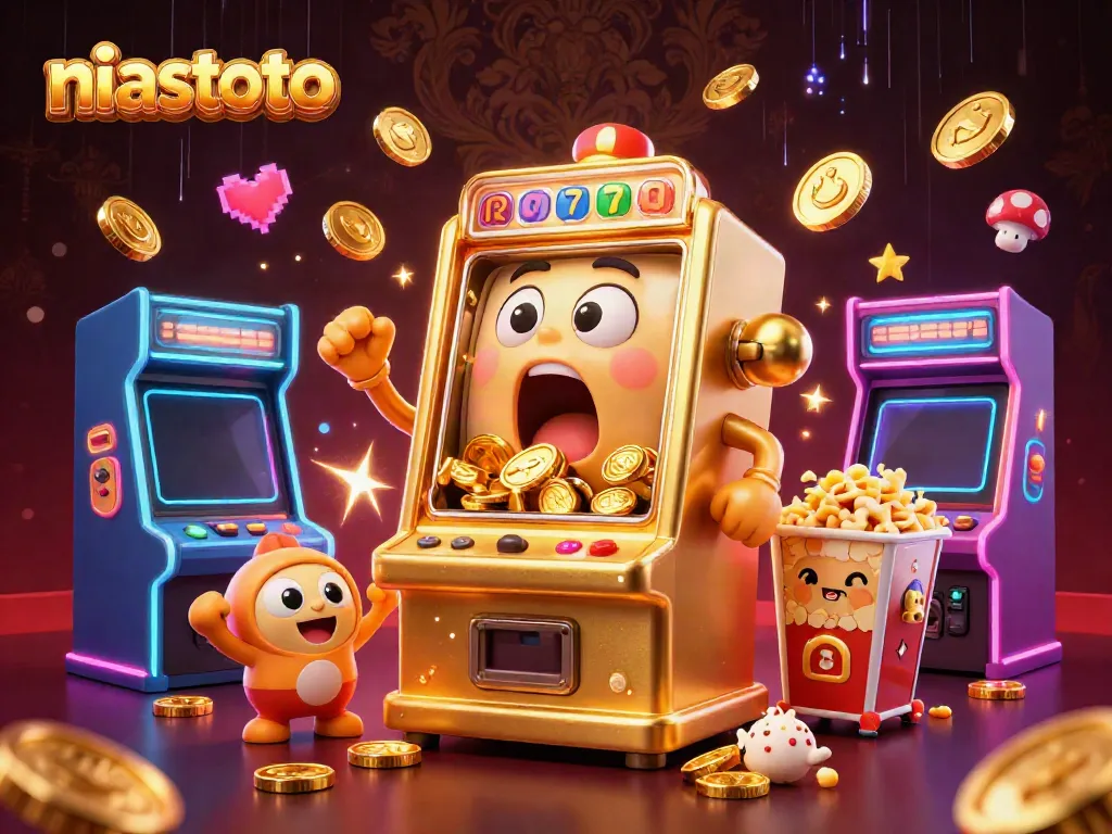 Catch the excitement with niastoto's gold slot machine hitting the jackpot amidst vibrant casino visuals.