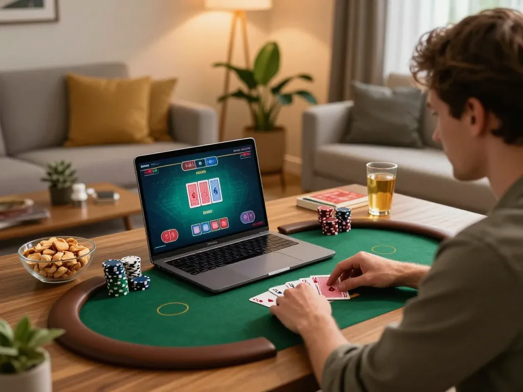 Engaging with uu 88 online poker game from a cozy home setup, showing cards and betting options clearly.