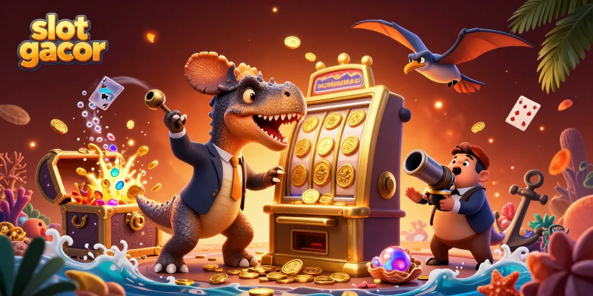 Permainan slot gacor yang meriah dengan dinosaur dan emas bertebaran.