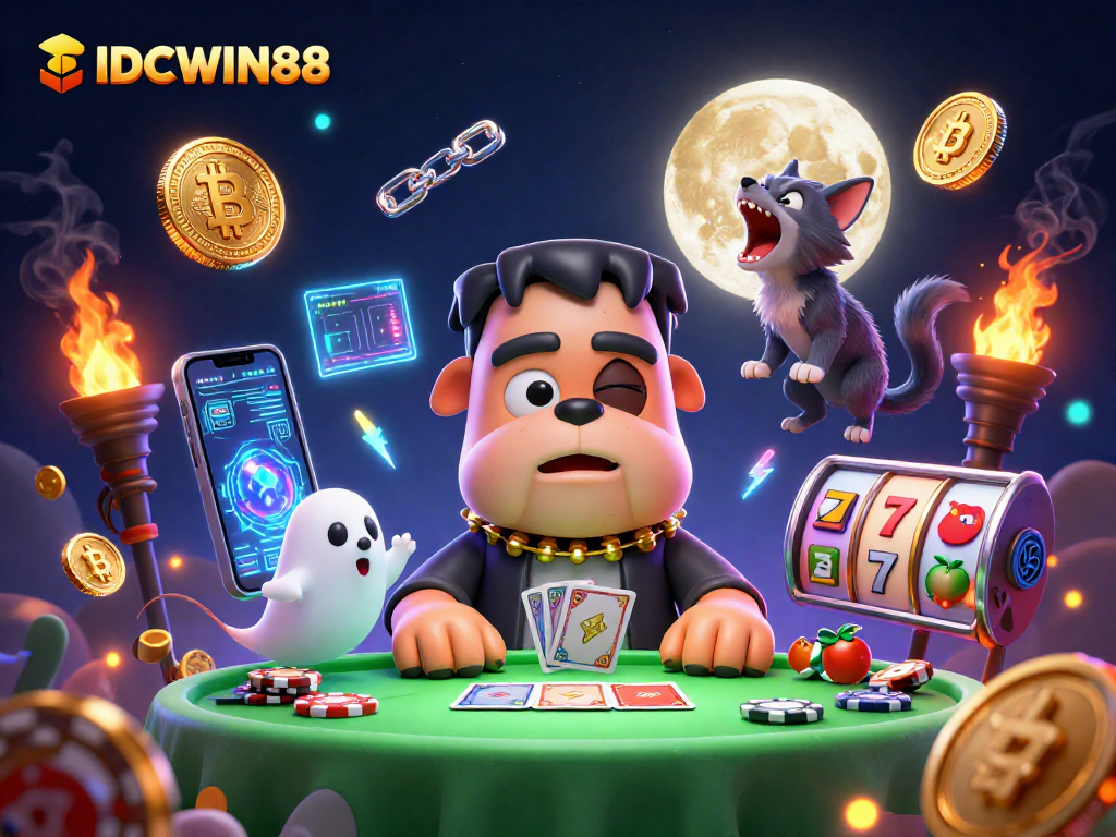 Play with IDCWIN88 at a haunted casino featuring a Frankenstein bulldog dealing cards among glowing cryptocurrency elements.