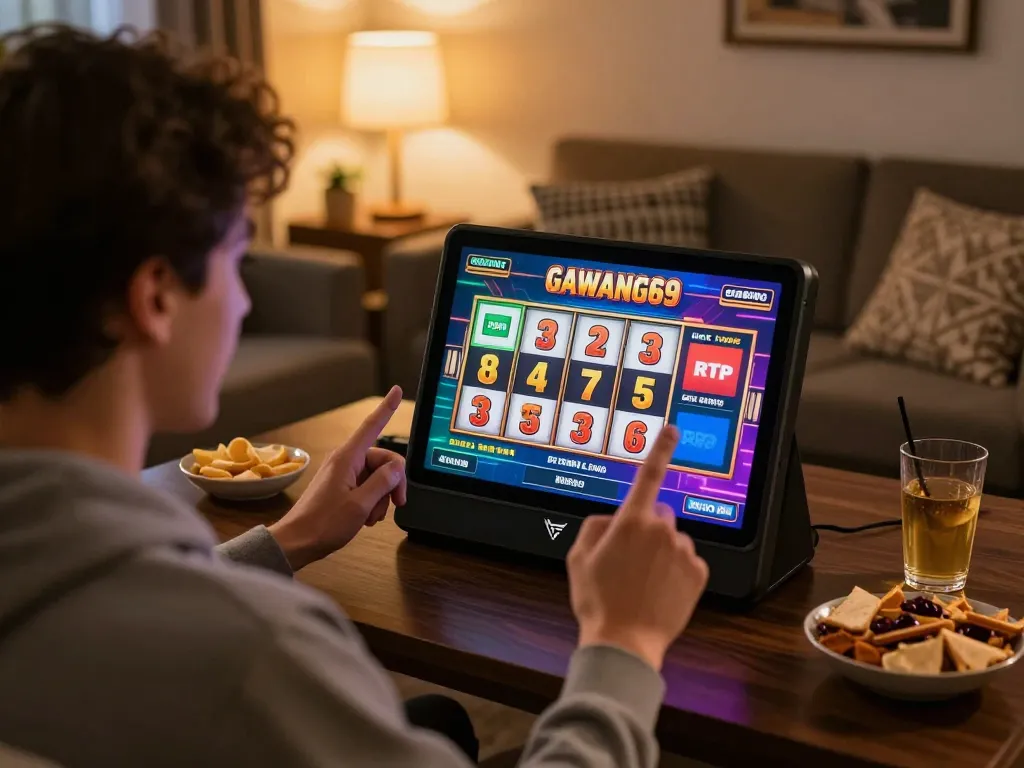 Player enjoying a winning moment on GAWANG69 digital gaming platform, vibrant slot machine interface on tablet.