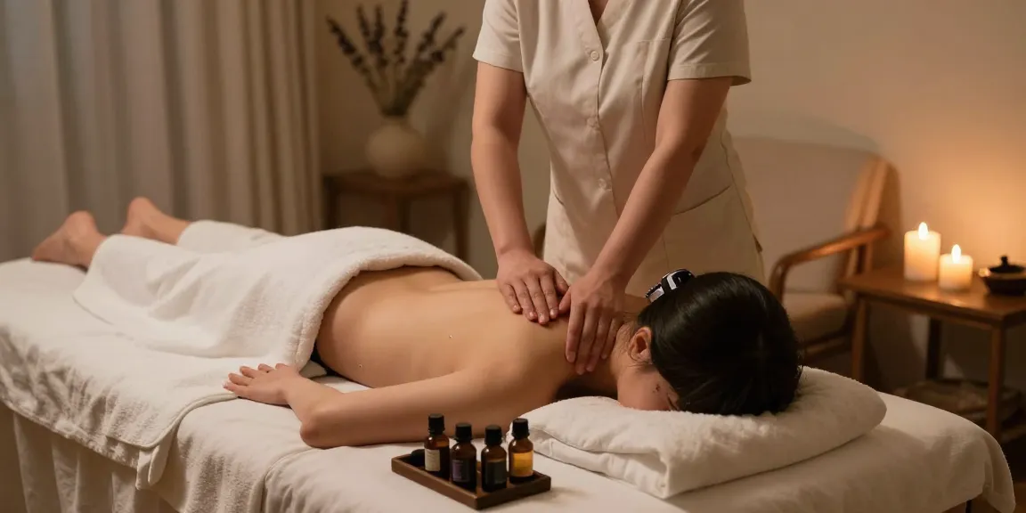 Professional 화성출장마사지 session in a calming therapy room with candles and essential oils.