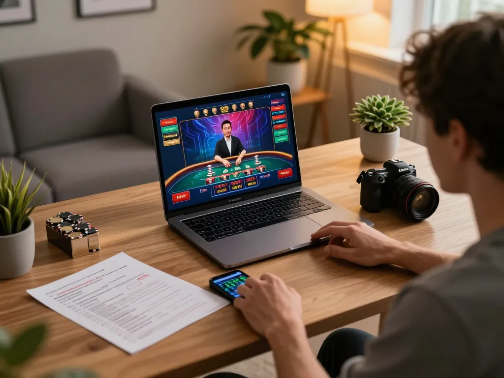 Pemain menikmati sesi perjudian online m88 dengan aksi dealer langsung di laptop