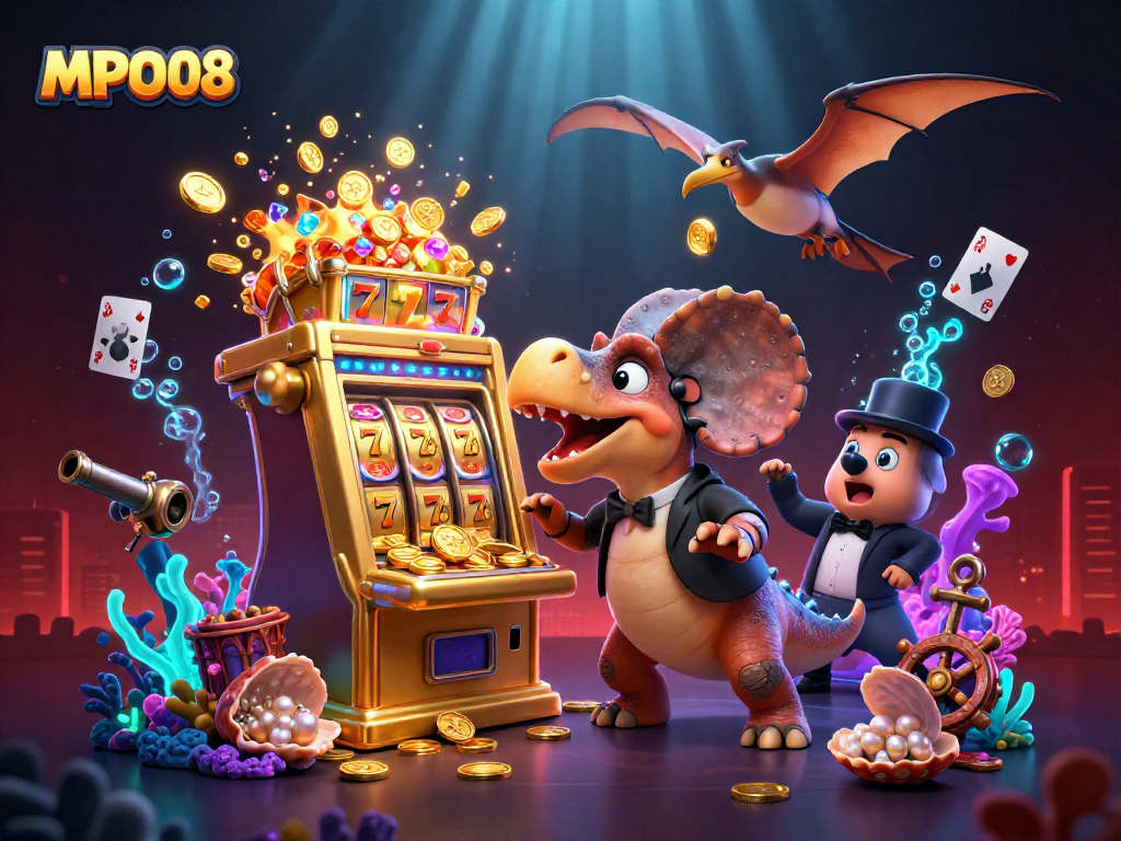 MPO08 showcases a thrilling scene where a dinosaur interacts with a golden slot machine amidst a vibrant casino atmosphere.