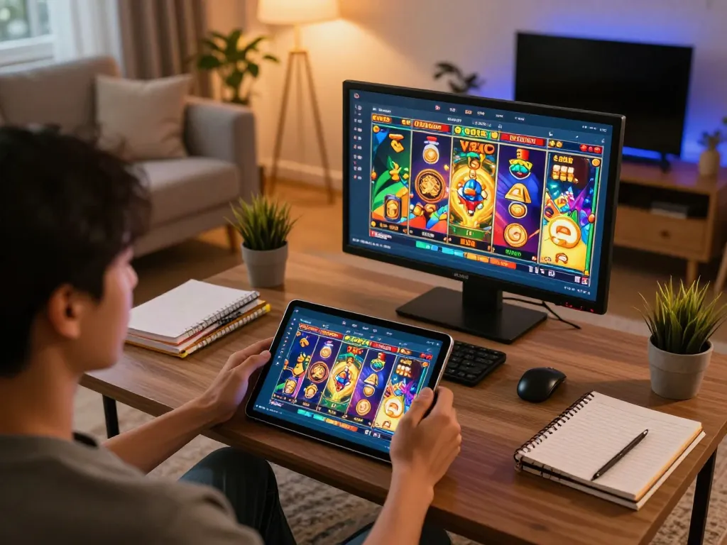 Engaging user enjoying QQSLOT Link Alternatif on tablet in cozy home