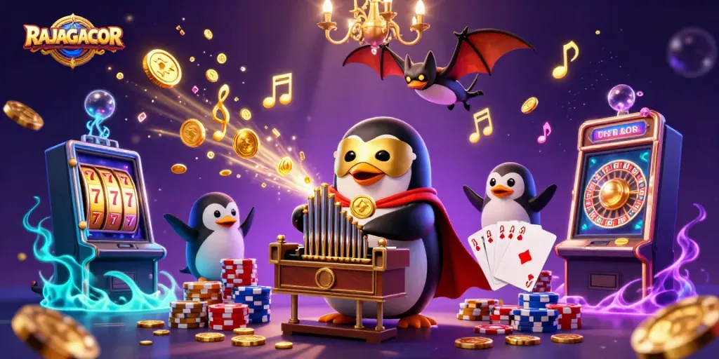 RAJAGACOR menampilkan penguin opera fantom yang bermain organ sambil mengeluarkan koin emas ke udara.