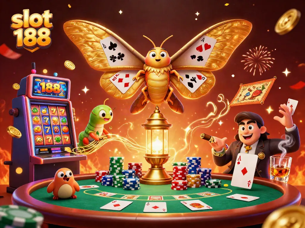Permainan slot 188 dengan kupu-kupu emas dan suasana kasino yang megah.