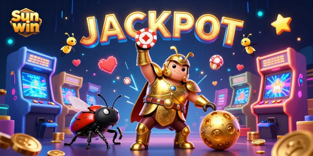 Play slots and win big with Sun win, featuring vibrant casino elements and animated characters.