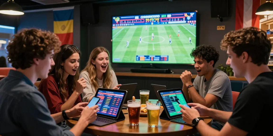 Friends engaging in tempototo bola betting during the World Cup, enjoying lively discussions in a modern lounge.