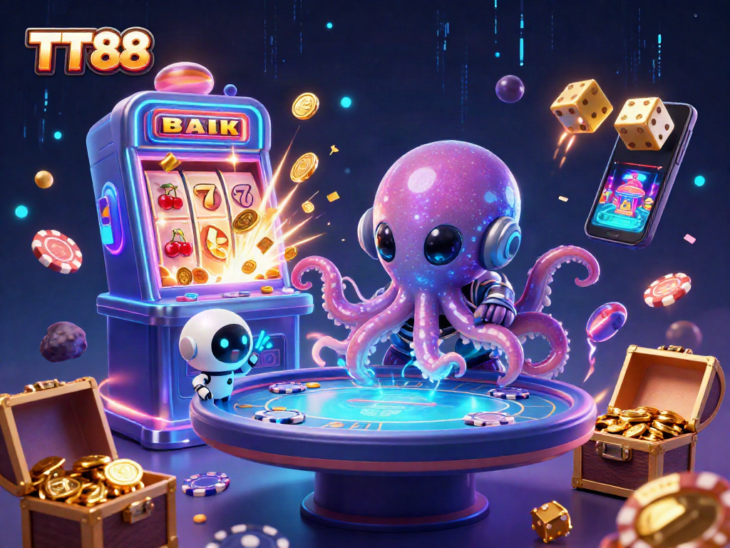 Play thrilling games at TT88 with a vibrant 3D casino scene featuring alien characters.