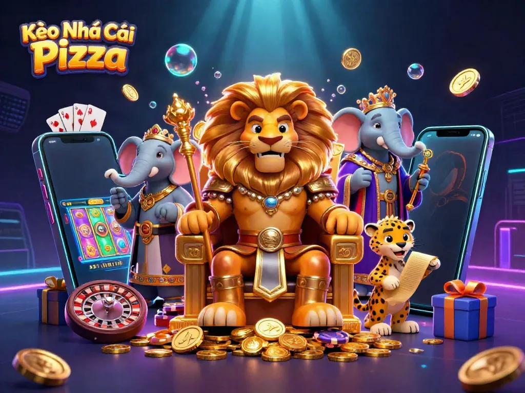 Experience Kèo Nhà Cái Pizza with a vibrant 3D illustration showcasing a fierce lion king, dynamic gambling elements, and rich colors.