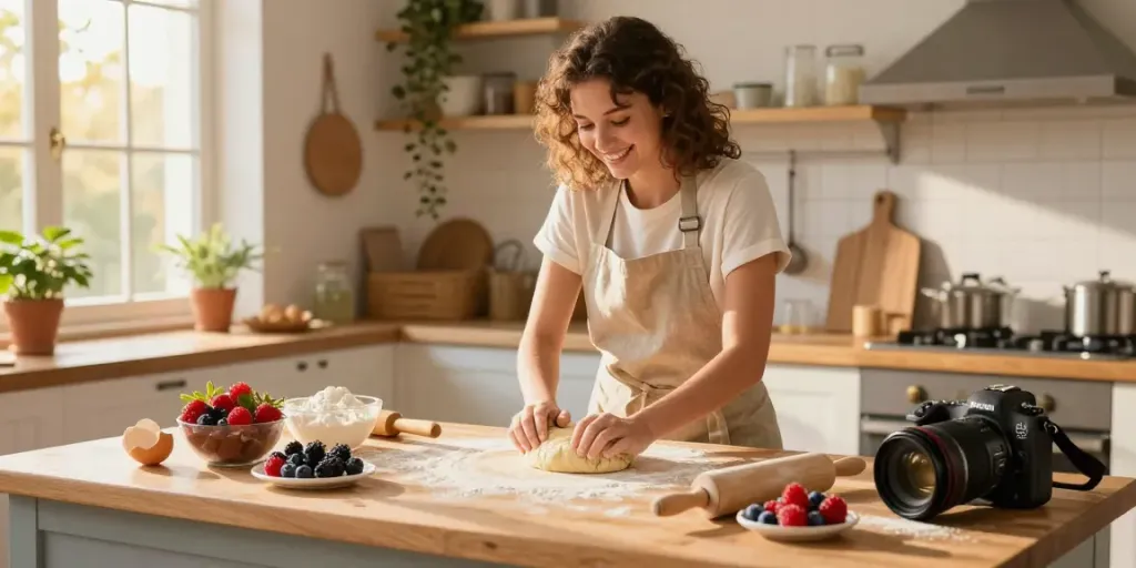 Home baker joyfully preparing dough at www.torinobaking.com.