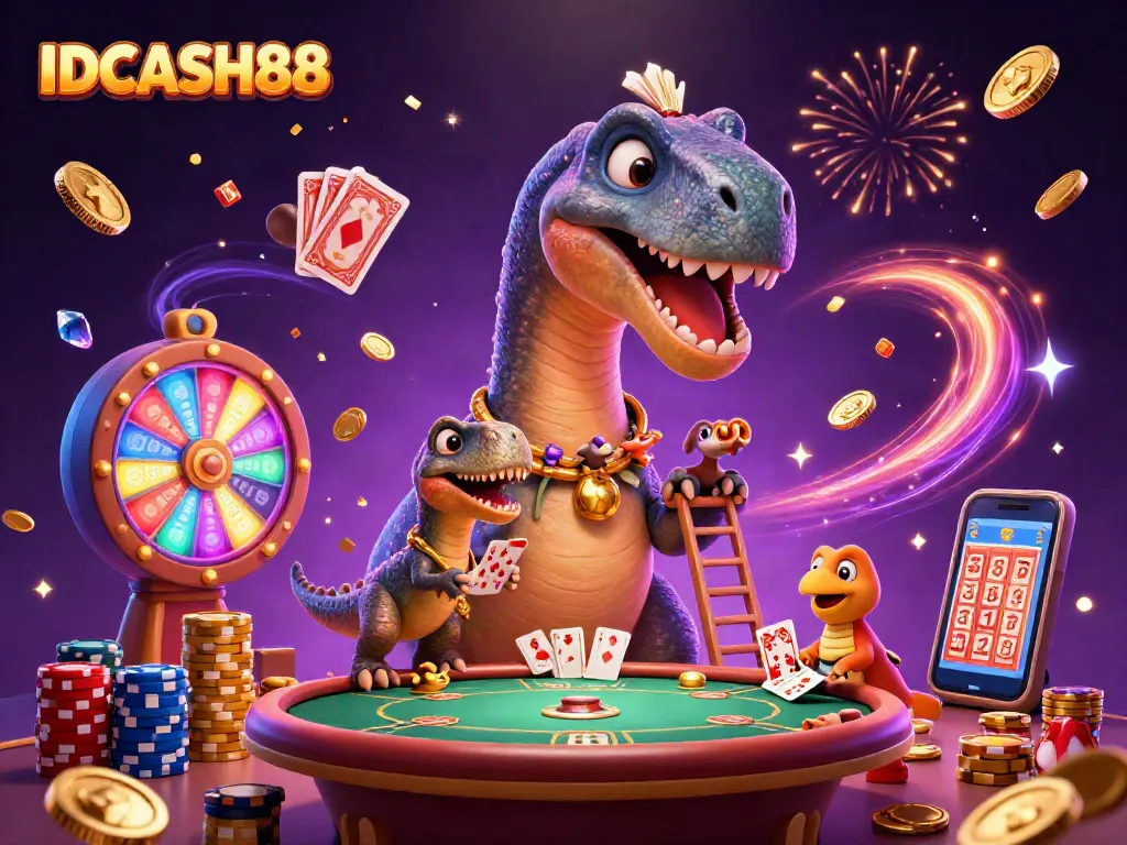 Win big with IDCASH88 in a vibrant 3D cartoon casino scene featuring brontosaurus and raptor elements.