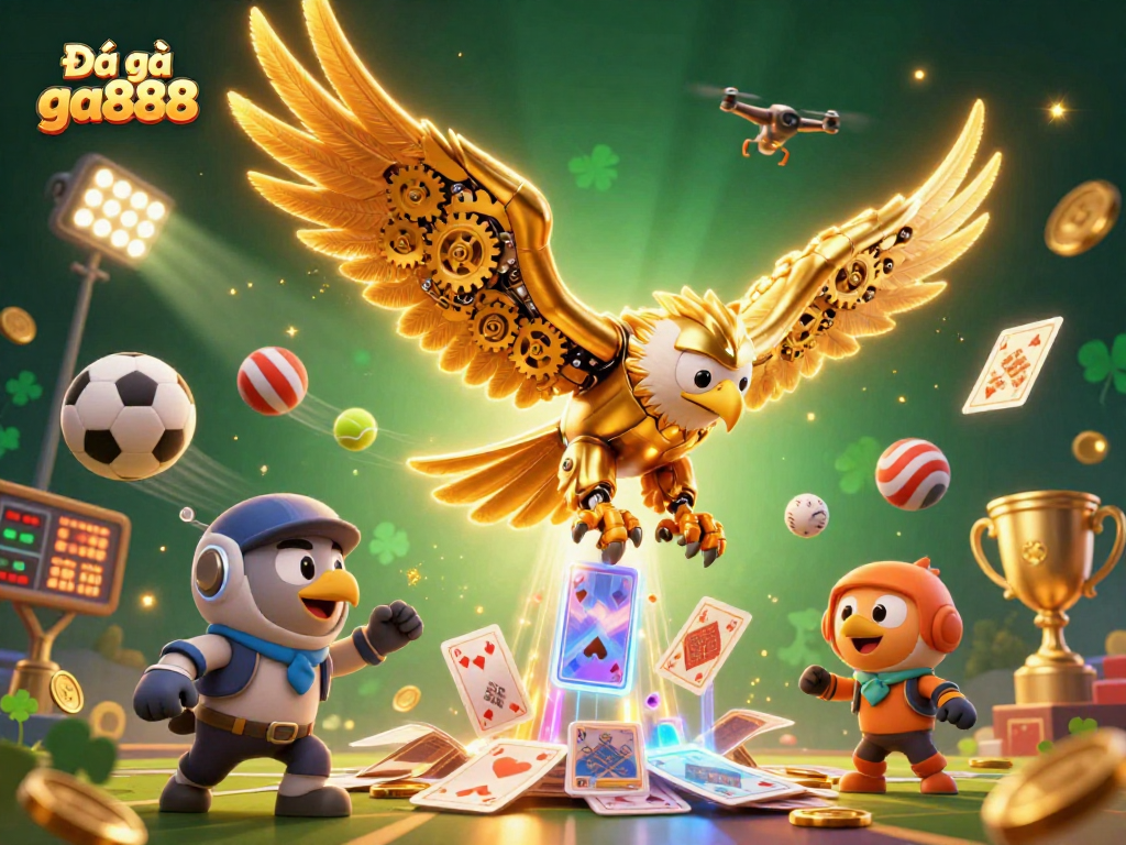 Experience thrilling action with Đá gà ga888 as the cybernetic golden eagle dives through vibrant holographic cards.