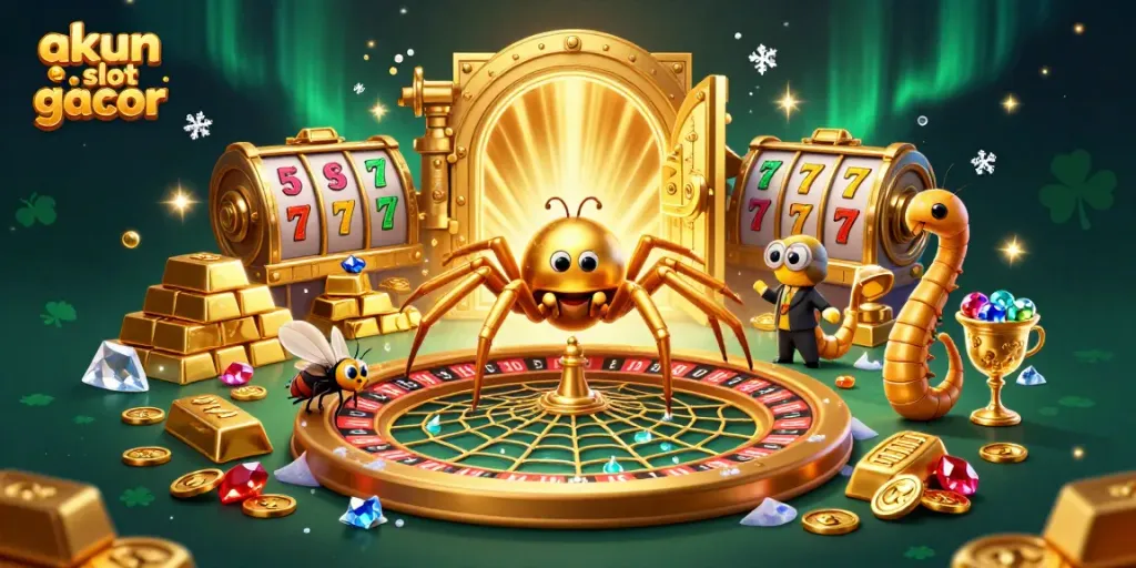 Permainan akun slot gacor dengan laba-laba emas dan web roulette di latar belakang keran jackpot