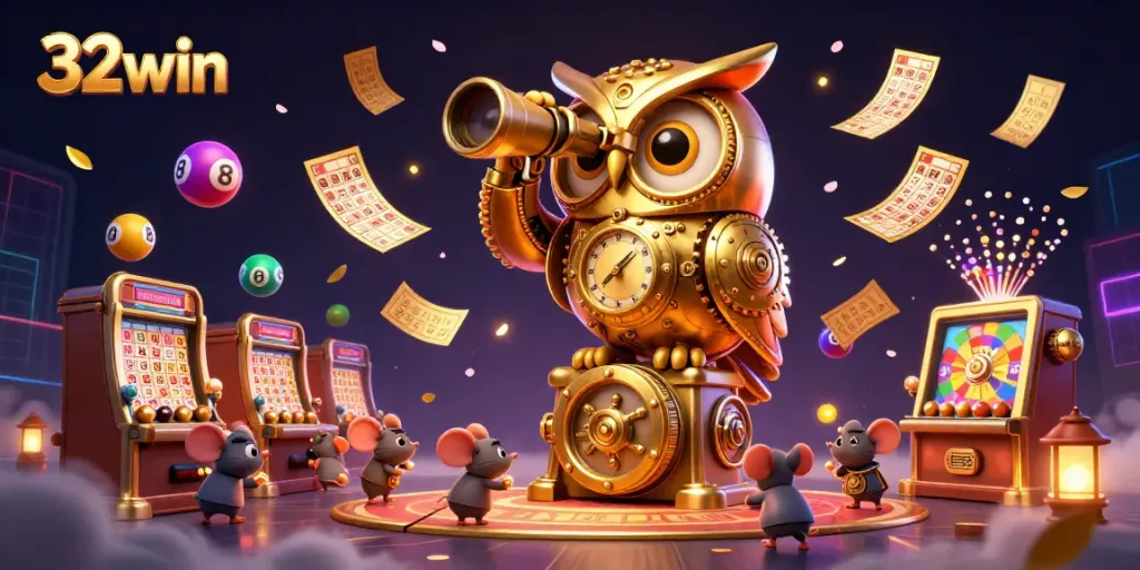 Explore the thrilling world of 32win with a clockwork owl and vibrant casino elements swirling around.