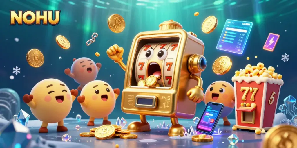 NOHU slot machine hits jackpot with coins pouring out in vibrant 3D casino scene