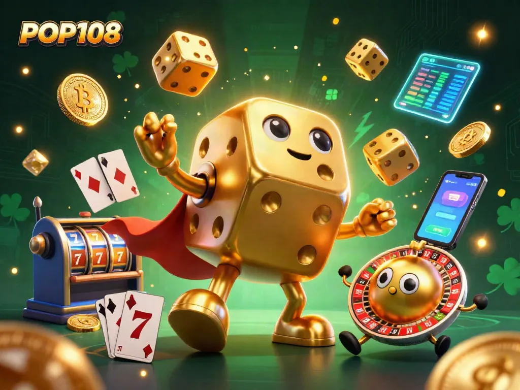 Engage with POP108 by spinning slots in a vibrant casino scene filled with golden dice and cryptocurrency elements.