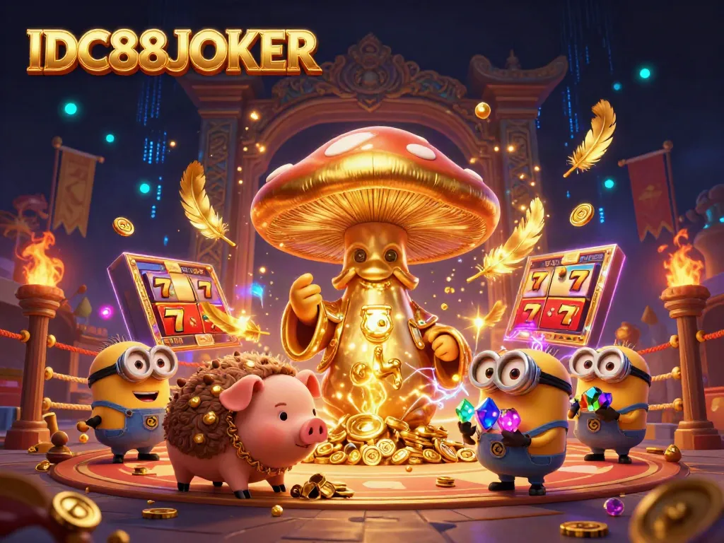 Spin and win at IDC88JOKER with a golden mushroom wizard directing magical treasures in a vibrant casino scene.