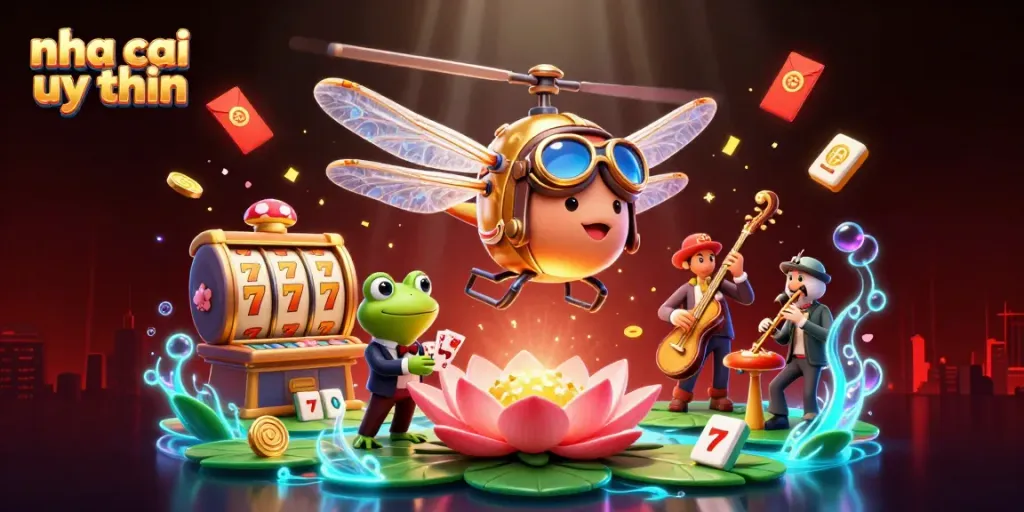Experience thrilling casino action at nha cai uy tin, featuring a dragonfly pilot above a lively lily pad casino scene.