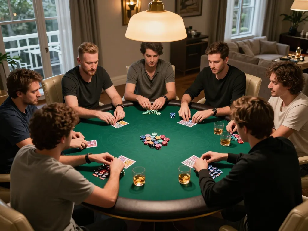 Players engaging in a strategic poker game at home, showcasing Pakde4D's community spirit and gaming experience.