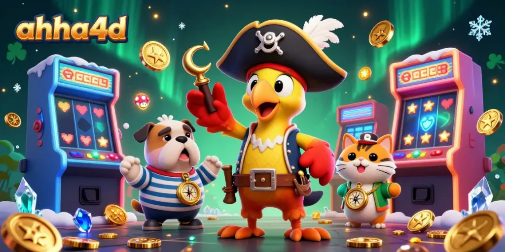Play exciting slot games at ahha4d with animated characters amid colorful casino elements.