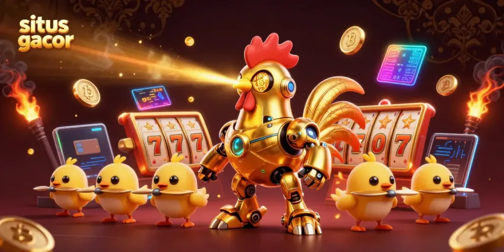 Situs slot gacor menampilkan robot ayam emas futuristik dengan elemen permainan slot dan koin crypto yang bersinar.