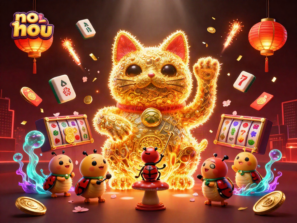 Win big with the no hu casino experience, featuring a vibrant scene with a lucky cat.