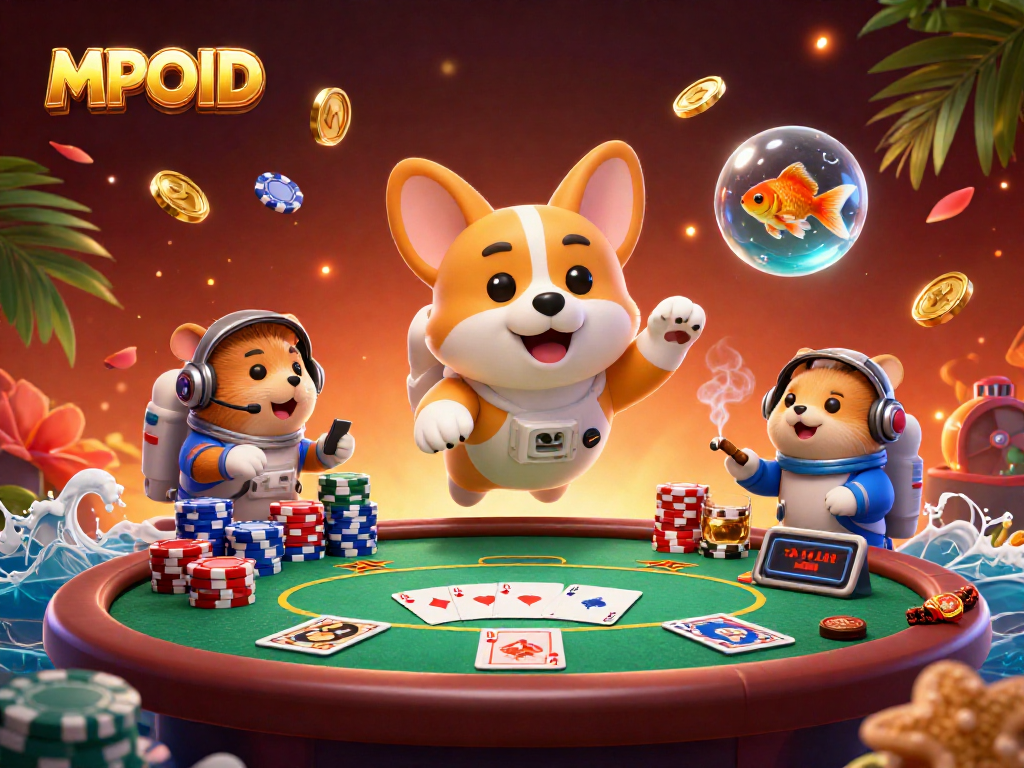 Experience MPOID with a vibrant 3D scene of an astronaut corgi in a casino filled with animated poker elements